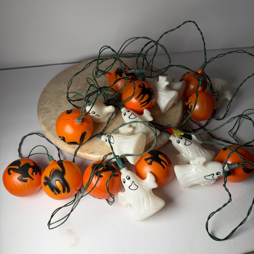 Vintage Halloween String Lights Orange White Ghost Black Cat Spooky Retro